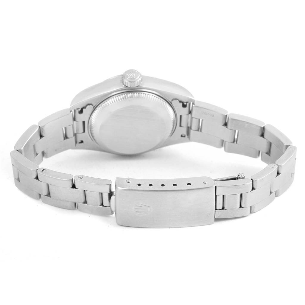 The image shows the back and clasp of a Rolex Date 79240 Women's Stainless Steel Blue Dial 79240 Women's Stainless Steel Blue Dial model watch from a rear angle.