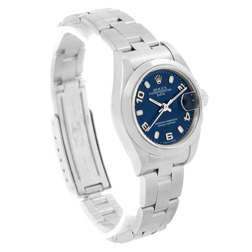 This image shows a Rolex Date 79240 Women's Stainless Steel Blue Dial 79240 Women's Stainless Steel Blue Dial model watch from a side angle, featuring its bracelet, clasp, and blue dial.