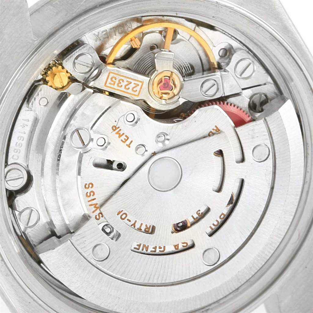 The image shows the detailed internal movement mechanism of a Rolex Date 79240 Women's Stainless Steel Blue Dial 79240 Women's Stainless Steel Blue Dial model watch from a rear angle.