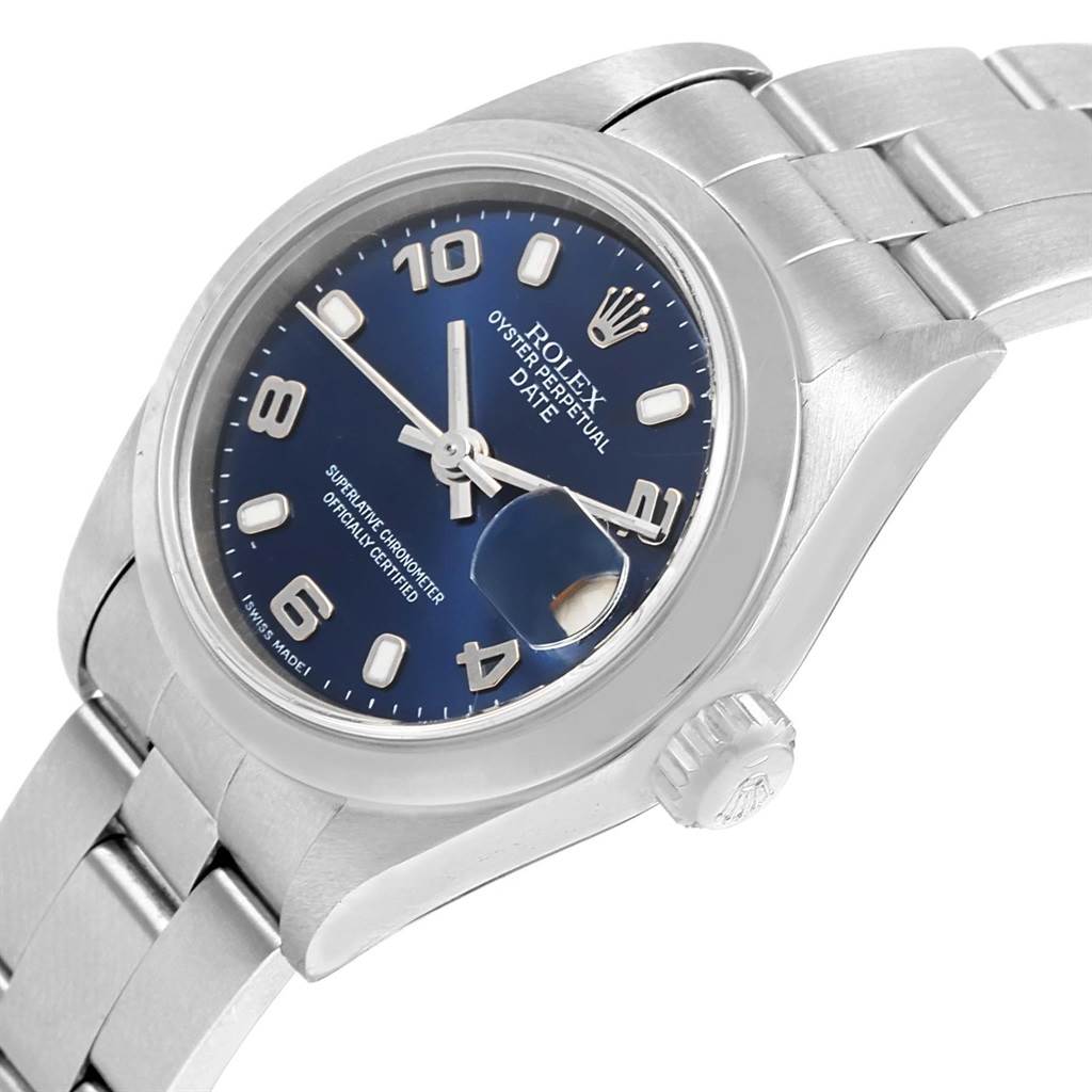 This image shows a Rolex Oyster Perpetual Date wristwatch in a tilted angle, highlighting its face and part of the bracelet.