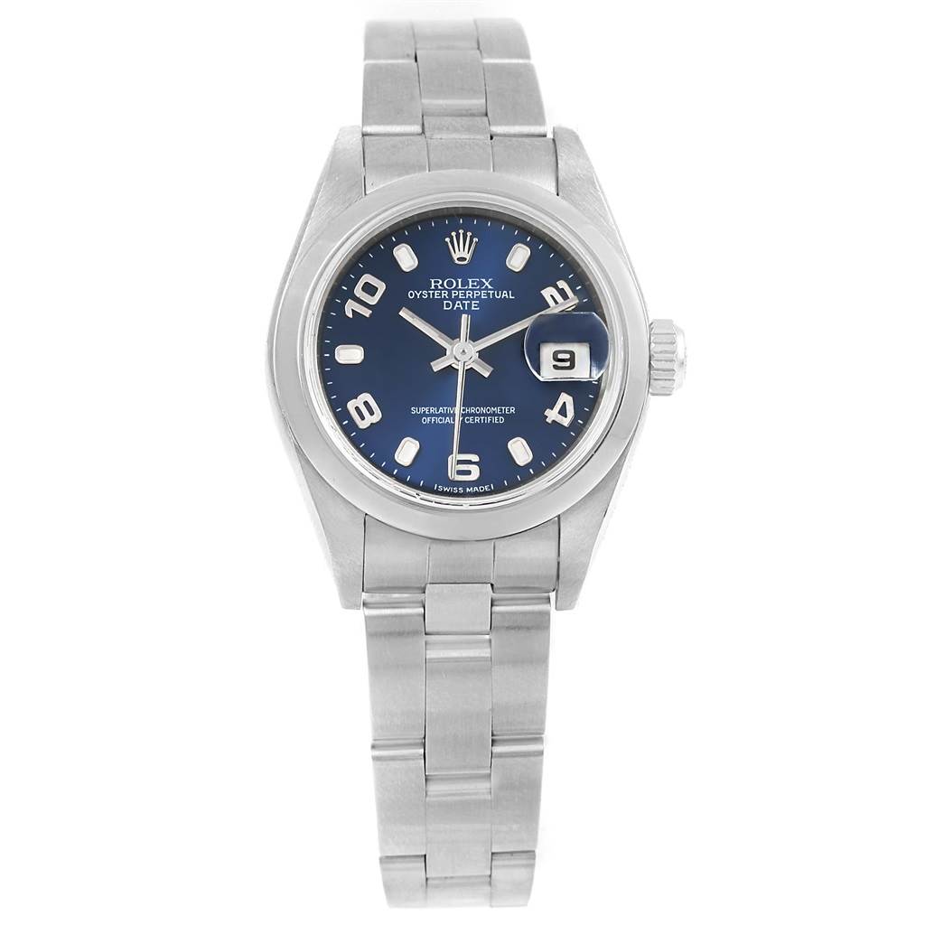 This image shows a Rolex Date 79240 Women's Stainless Steel Blue Dial 79240 Women's Stainless Steel Blue Dial model watch from a top-down angle, displaying its face, bezel, and bracelet.