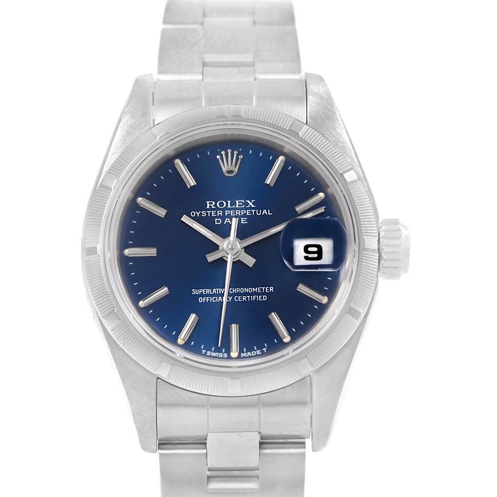 The image shows a front view of the Rolex Date 69190 Women's Stainless Steel Blue Dial 69190 Women's Stainless Steel Blue Dial model, highlighting the blue dial, date window, and stainless steel bracelet.