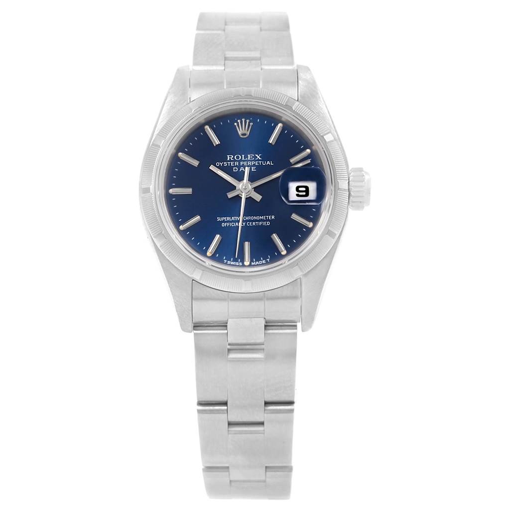 This image shows a front view of a Rolex Date 69190 Women's Stainless Steel Blue Dial 69190 Women's Stainless Steel Blue Dial model watch, including the face, hands, date window, bezel, and bracelet.