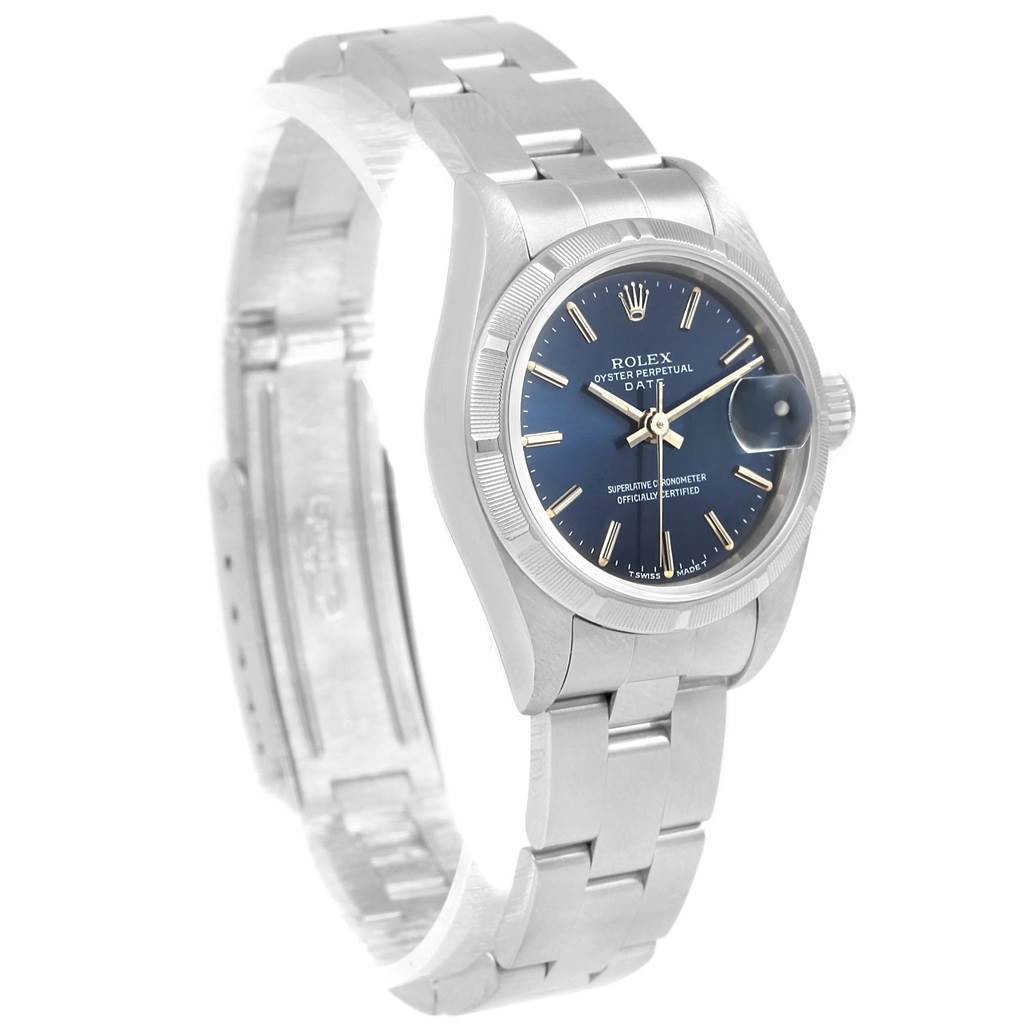 The image shows a Rolex Date 69190 Women's Stainless Steel Blue Dial 69190 Women's Stainless Steel Blue Dial model watch at a slight angle, displaying its dial, bracelet, and crown.