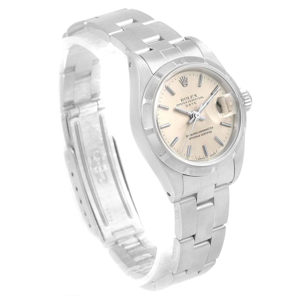 The image shows a Rolex Date 69190 Women's Stainless Steel Silver Dial 69190 Women's Stainless Steel Silver Dial model watch angled to display the dial, bracelet, and a portion of the clasp.