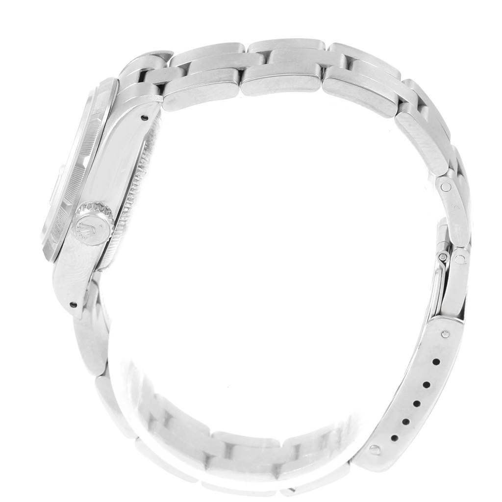 The image shows a side view of the Rolex Date 69190 Women's Stainless Steel Silver Dial 69190 Women's Stainless Steel Silver Dial model watch, highlighting the bracelet and clasp.