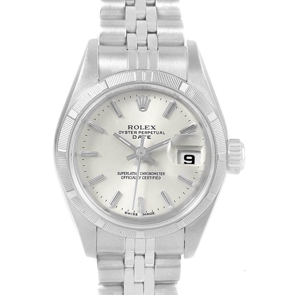The image shows a front view of a Rolex Date 79190 Women's Stainless Steel Silver Dial 79190 Women's Stainless Steel Silver Dial model watch displaying the face, bezel, and part of the bracelet.