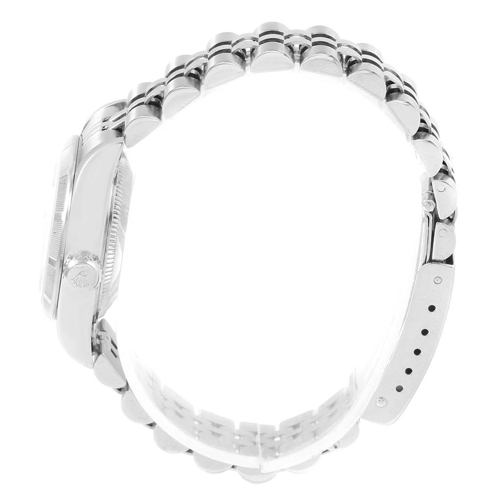 The image shows a side view of a Rolex Date 79190 Women's Stainless Steel Silver Dial 79190 Women's Stainless Steel Silver Dial model watch, focusing on the case and bracelet.