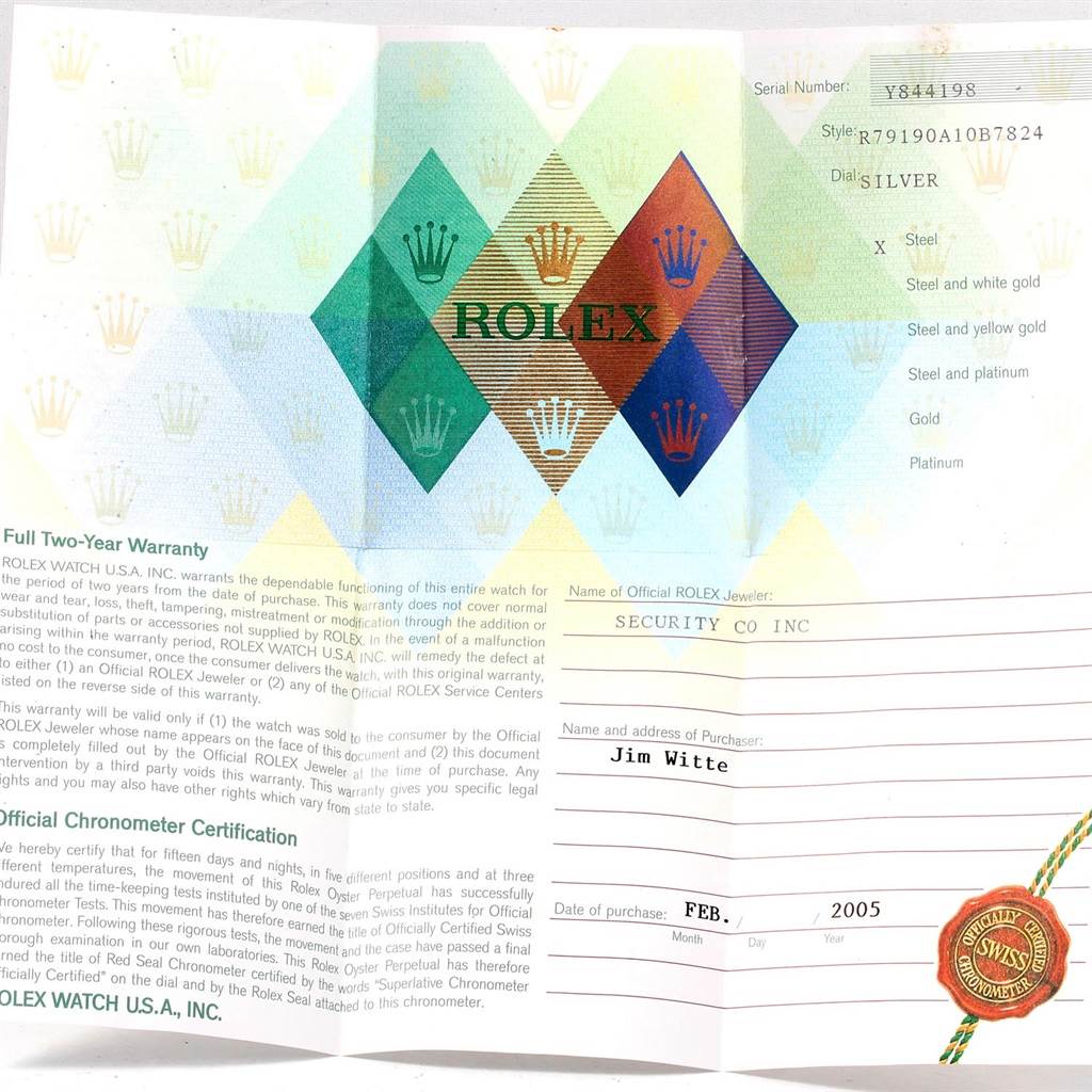 This image shows the warranty card and documentation for a Rolex Date 79190 Women's Stainless Steel Silver Dial 79190 Women's Stainless Steel Silver Dial model watch.