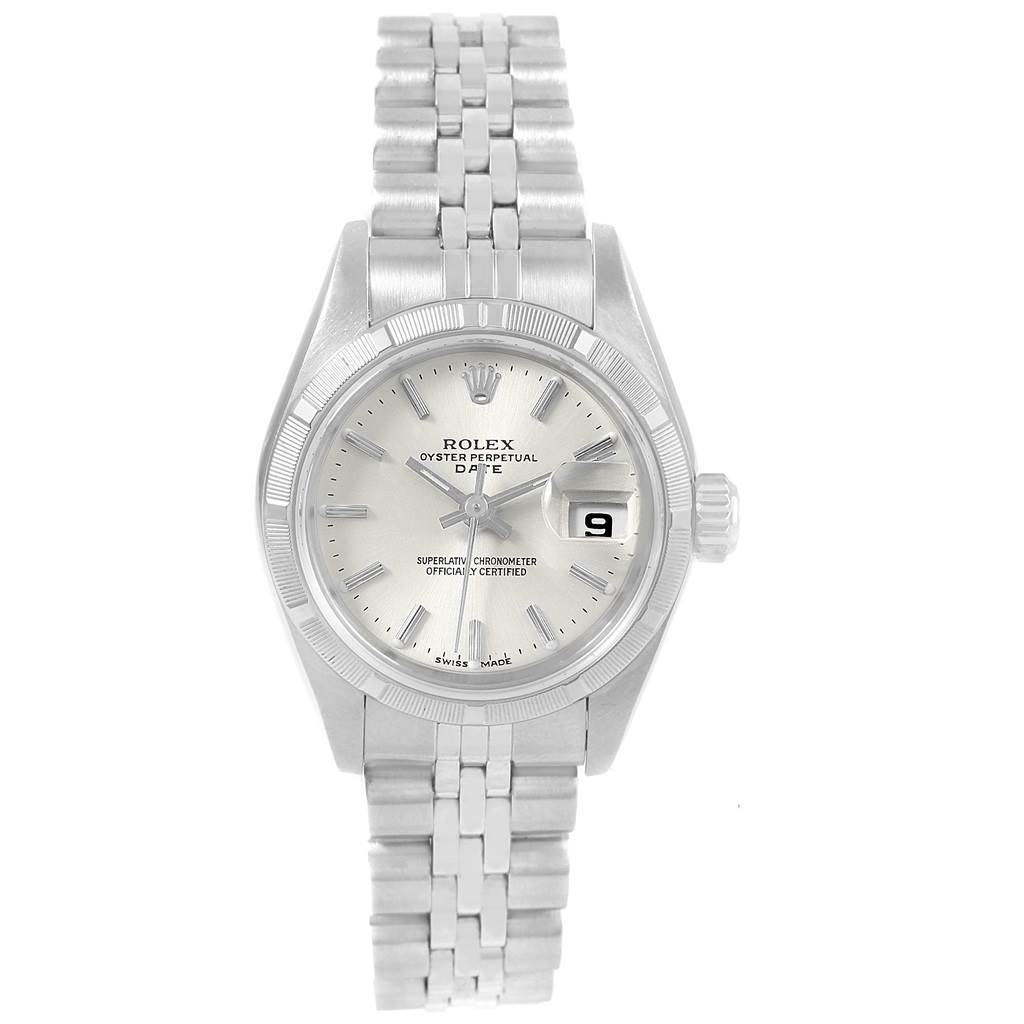 This is a front view of a Rolex Date 79190 Women's Stainless Steel Silver Dial 79190 Women's Stainless Steel Silver Dial model watch, showing the dial, bracelet, and date window.