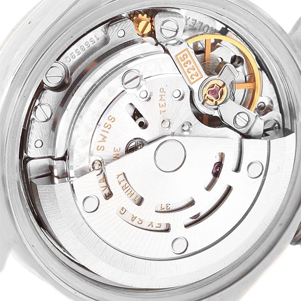 This image shows the internal mechanical movement of the Rolex Date 79160 Women's Stainless Steel Pink Dial 79160 Women's Stainless Steel Pink Dial model watch from a close-up and top-down angle.