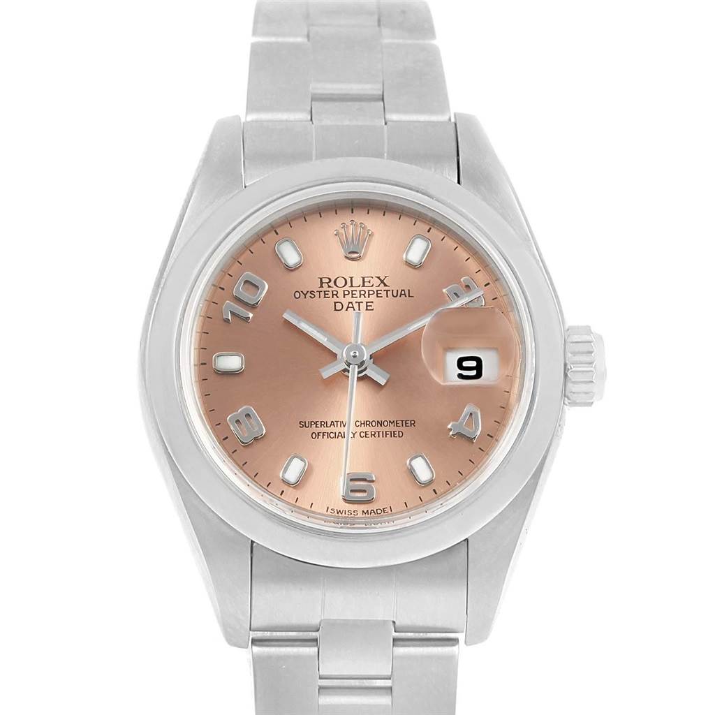 The image shows a front view of a Rolex Oyster Perpetual Date watch, highlighting the dial, hands, date window, and bracelet.