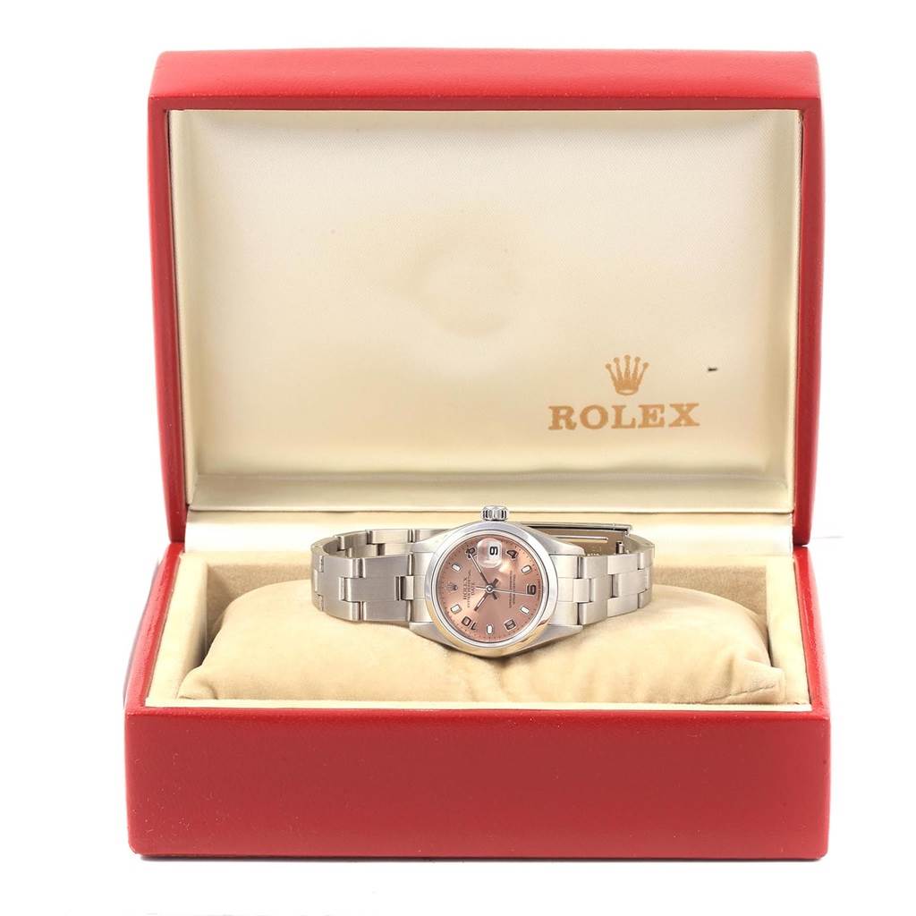 The Rolex Date 79160 Women's Stainless Steel Pink Dial 79160 Women's Stainless Steel Pink Dial model watch is displayed front on, showing the face and bracelet inside a red box.