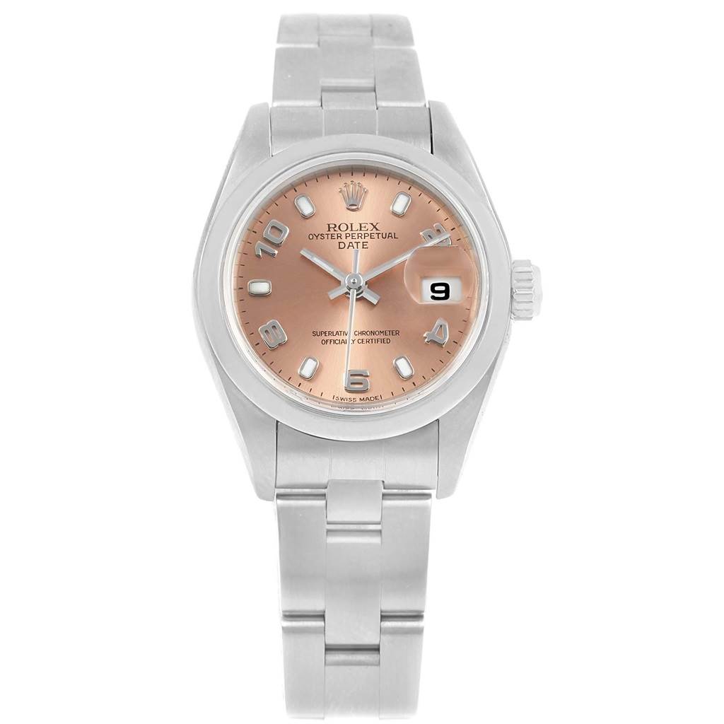 The Rolex Date 79160 Women's Stainless Steel Pink Dial 79160 Women's Stainless Steel Pink Dial model watch is displayed face up, showing the dial, hands, bracelet, and date window.