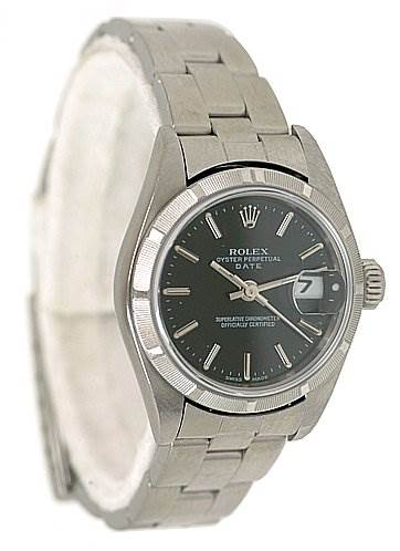 The image shows a Rolex Date 79190 Women's Stainless Steel Black Dial 79190 Women's Stainless Steel Black Dial model watch at an angled view, highlighting the dial, bezel, and part of the bracelet.
