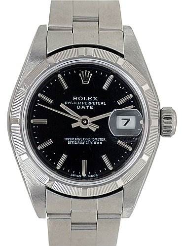 The image shows a front angle of the Rolex Date 79190 Women's Stainless Steel Black Dial 79190 Women's Stainless Steel Black Dial model watch, highlighting its dial, bezel, crown, and bracelet.