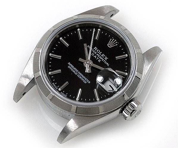 This image shows a Rolex Date 79190 Women's Stainless Steel Black Dial 79190 Women's Stainless Steel Black Dial model watch from a slightly angled top-down view, highlighting the dial, bezel, and crown.