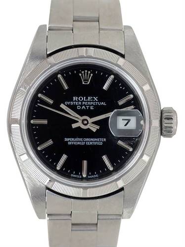 Photo of Rolex Date Ladies Steel Watch Black Stick 79190