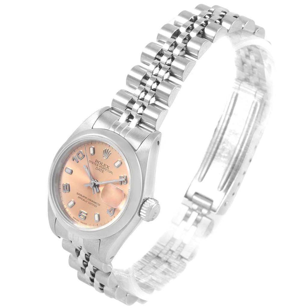 The image shows a Rolex Date 79160 Women's Stainless Steel Pink Dial 79160 Women's Stainless Steel Pink Dial model watch from an angled perspective, focusing on the face, bezel, crown, and bracelet.