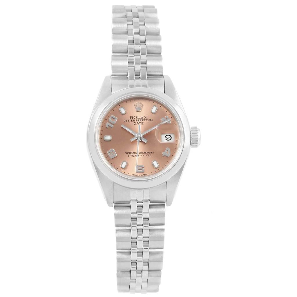This image shows a front view of the Rolex Date 79160 Women's Stainless Steel Pink Dial 79160 Women's Stainless Steel Pink Dial model watch, featuring the dial, bracelet, and crown.