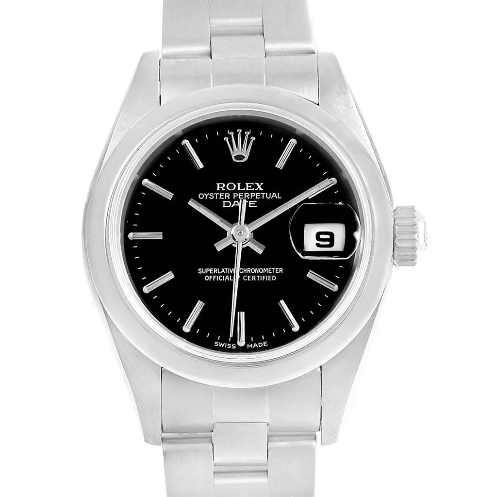 This is a frontal view of a Rolex Date 79160 Men's Stainless Steel Black Dial 79160 Men's Stainless Steel Black Dial model watch, showing its black dial, bracelet, and date window.