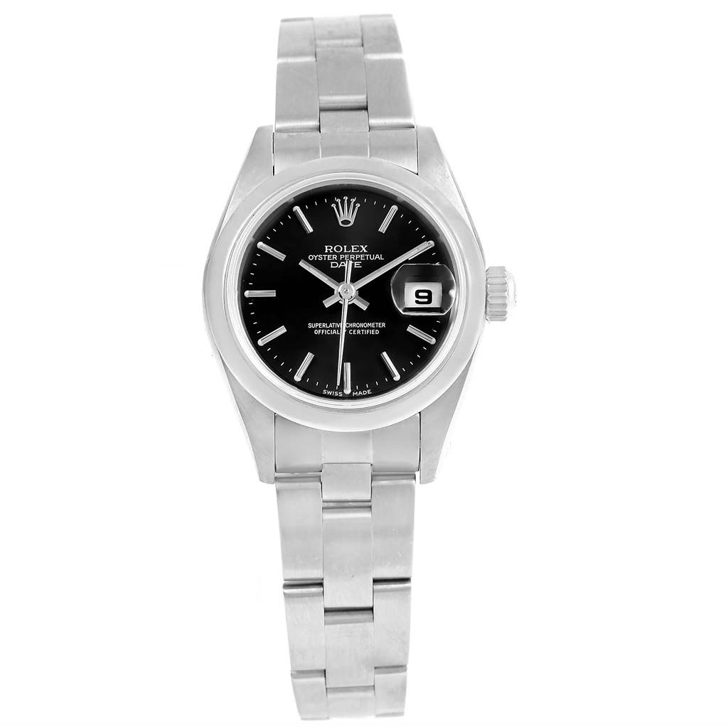 The image shows a Rolex Date 79160 Men's Stainless Steel Black Dial 79160 Men's Stainless Steel Black Dial model watch from the front, highlighting its face, hands, date display, and bracelet.