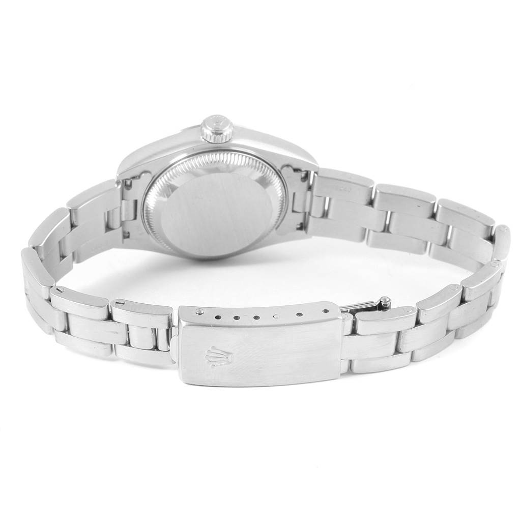 The image shows the back view of a Rolex Date 79160 Men's Stainless Steel Black Dial 79160 Men's Stainless Steel Black Dial watch, highlighting its closed clasp and bracelet.