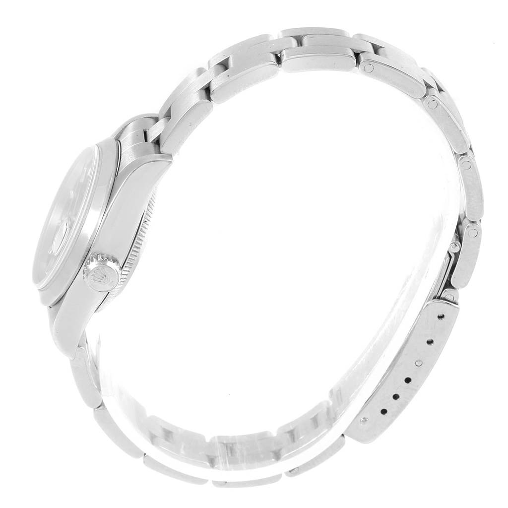 This image shows a side view of the Rolex Date 79160 Men's Stainless Steel Black Dial 79160 Men's Stainless Steel Black Dial model watch, featuring the case, crown, and part of the metal bracelet.