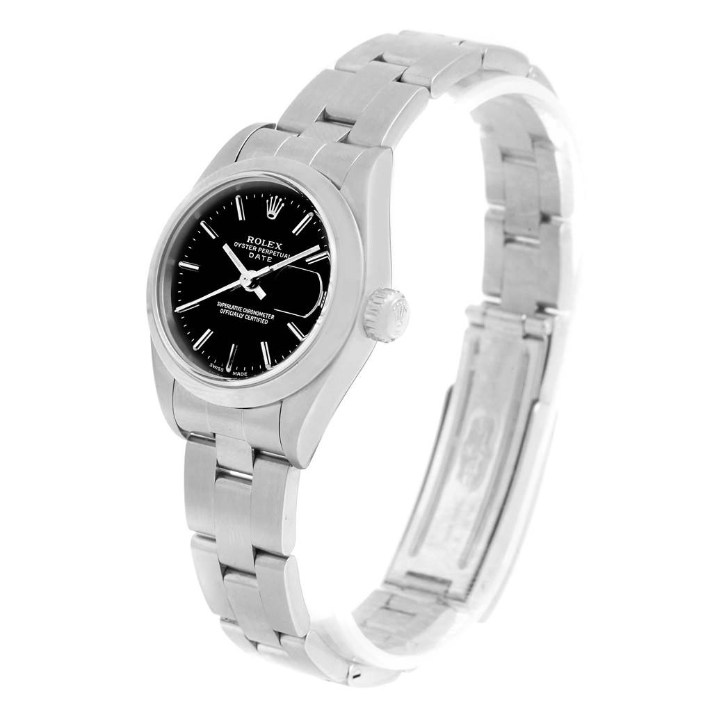 The image shows a Rolex Date 79160 Men's Stainless Steel Black Dial 79160 Men's Stainless Steel Black Dial model watch at a slight angle, highlighting its black dial, bezel, and stainless steel bracelet.