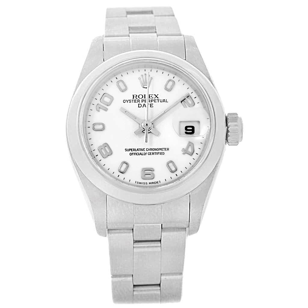 The image shows a front view of a Rolex Date 79160 Women's Stainless Steel White Dial 79160 Women's Stainless Steel White Dial model watch, displaying the face, dial, case, and bracelet.