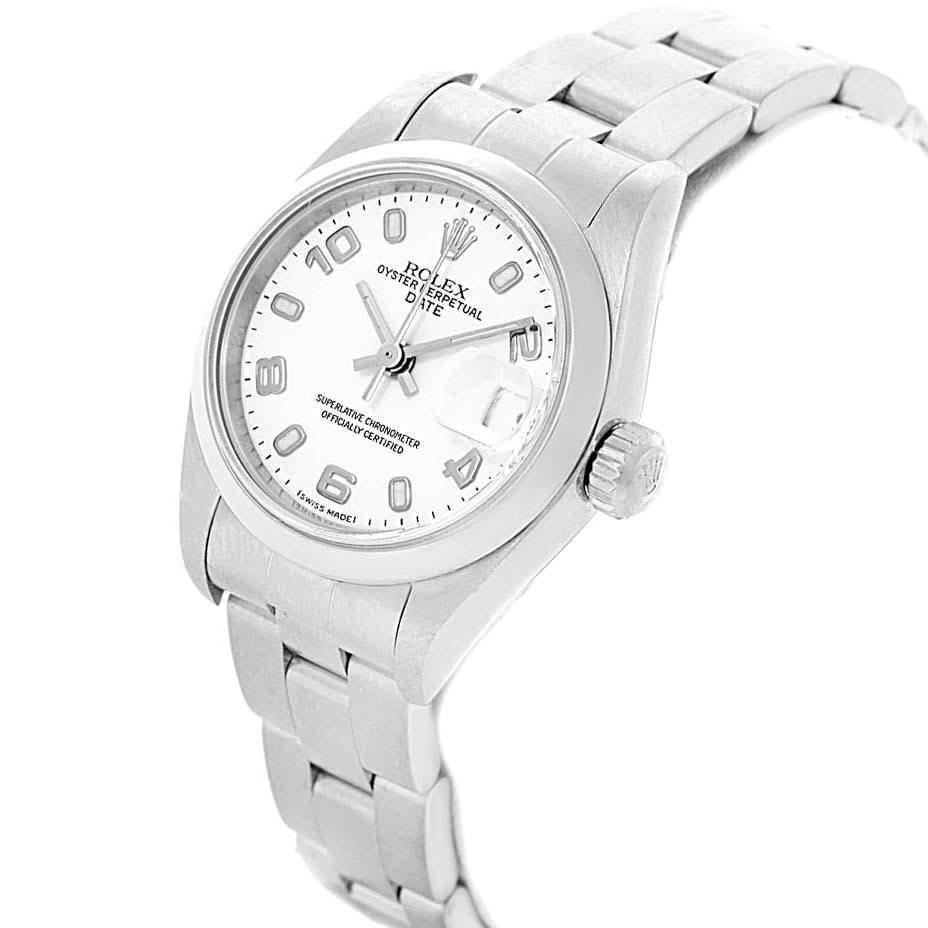 The image shows a Rolex Date 79160 Women's Stainless Steel White Dial 79160 Women's Stainless Steel White Dial model from a three-quarter angle, highlighting the dial, bezel, crown, and part of the bracelet.
