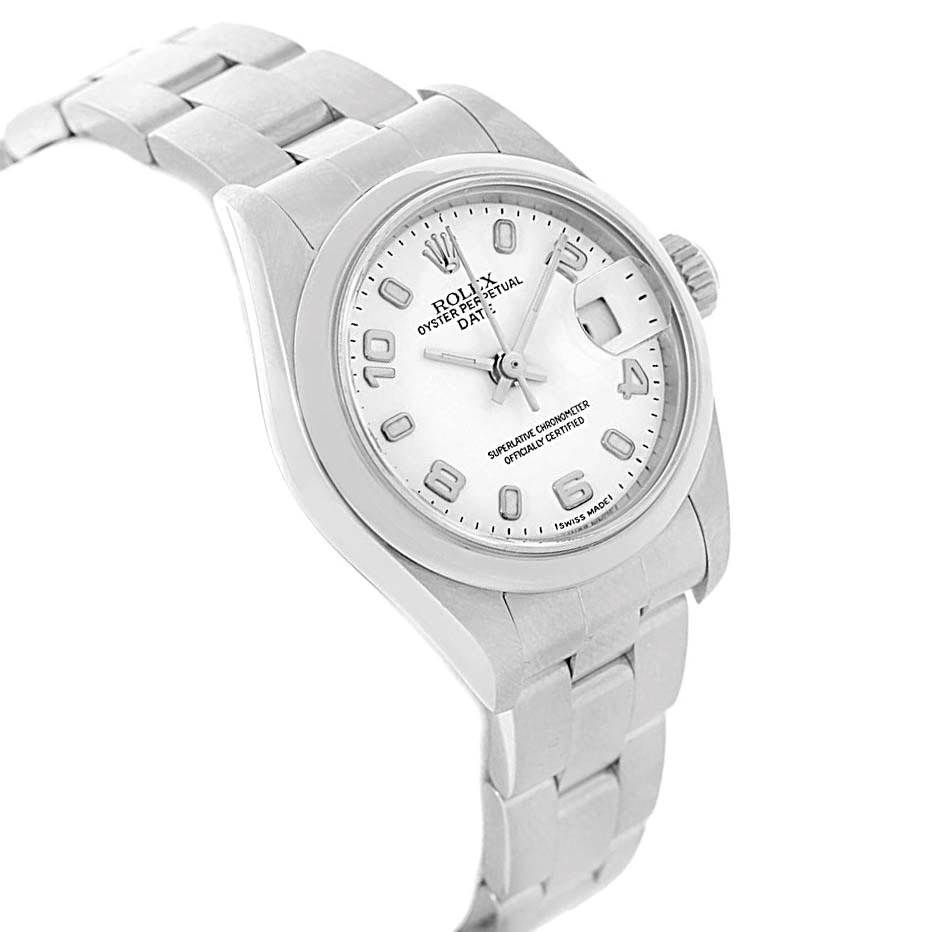 The image shows a Rolex Date 79160 Women's Stainless Steel White Dial 79160 Women's Stainless Steel White Dial model watch angled from the front-left, highlighting the face, bezel, and stainless steel bracelet.