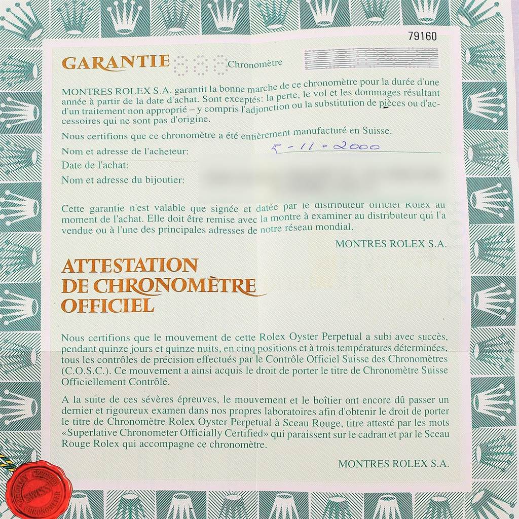 The document features a Rolex Date 79160 Women's Stainless Steel White Dial 79160 Women's Stainless Steel White Dial model's warranty and chronometer certification, shown clearly from a top-view angle.