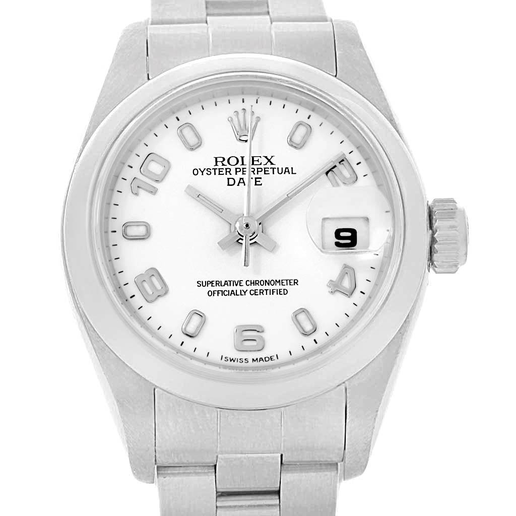 This image shows a frontal view of a Rolex Date 79160 Women's Stainless Steel White Dial 79160 Women's Stainless Steel White Dial model watch, highlighting the dial, bezel, crown, and part of the bracelet.
