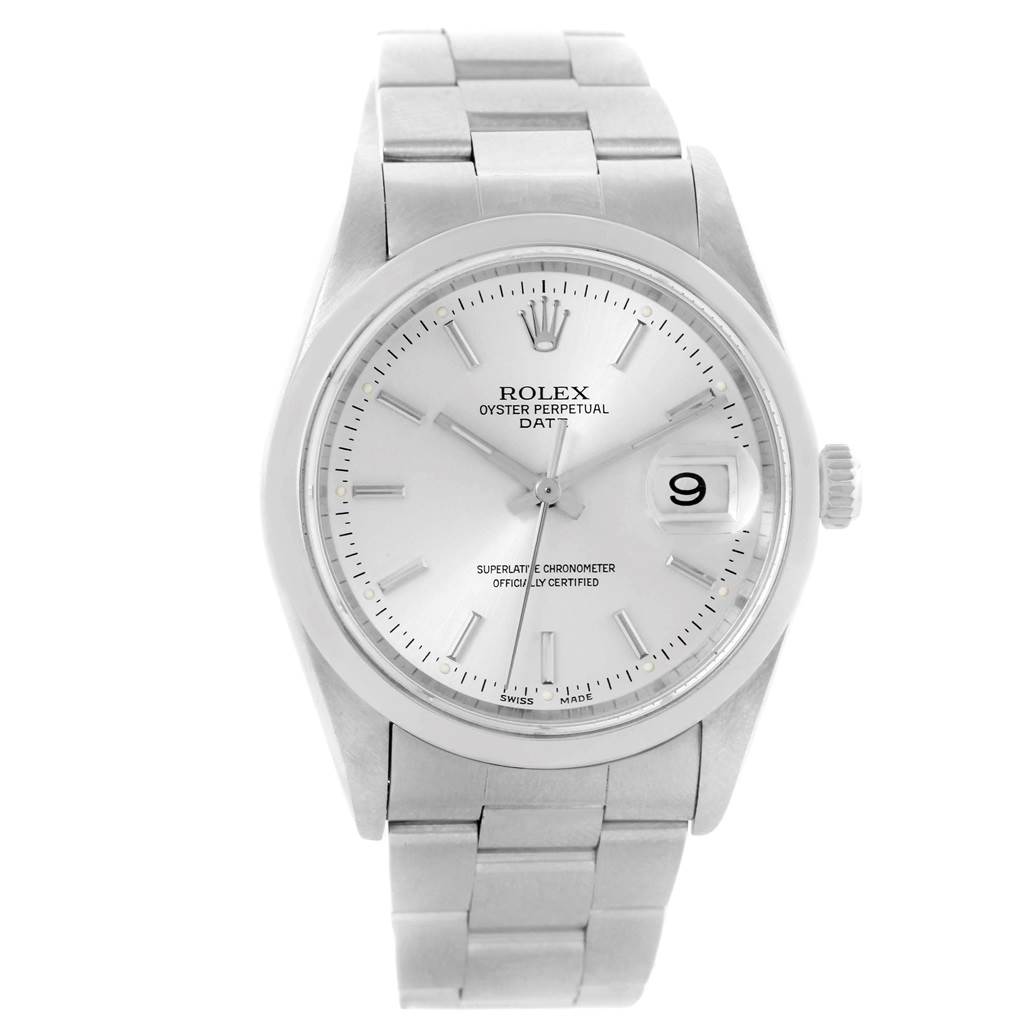 The image shows a front view of a Rolex Oyster Perpetual Date watch, displaying its dial, bracelet, and date window.