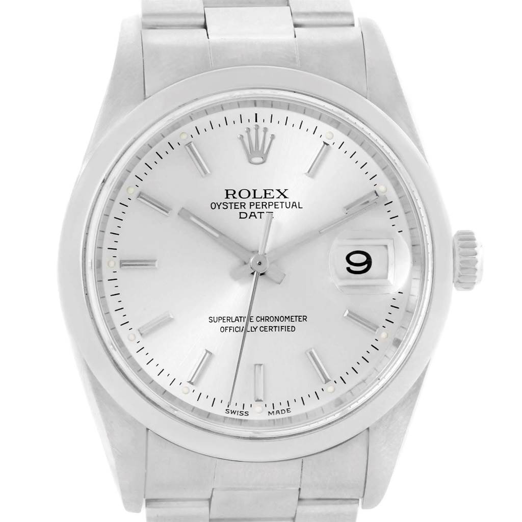 The image shows a front view of the Rolex Date 15200 Men's Stainless Steel Silver Dial 15200 Men's Stainless Steel Silver Dial model watch, displaying the dial, hands, crown, and date window.