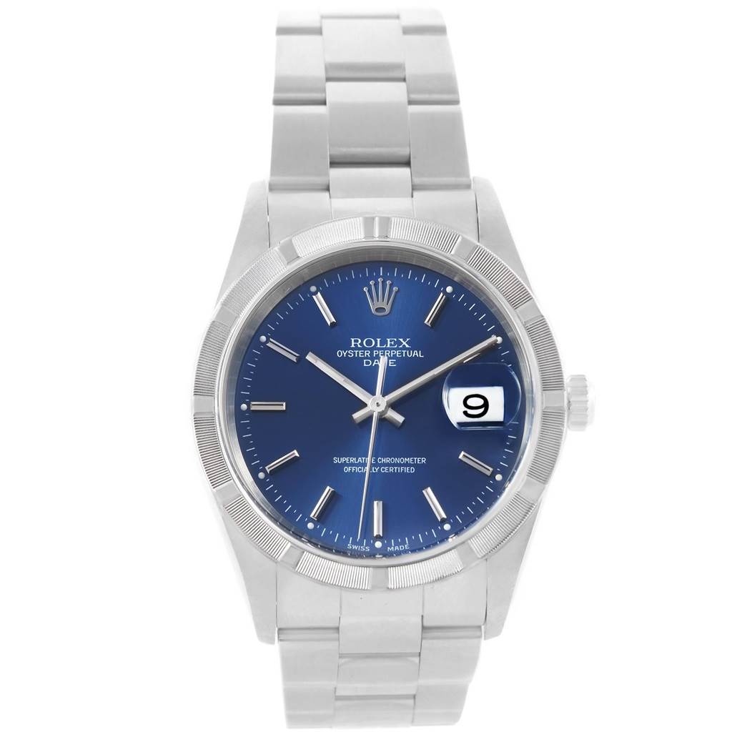 The image shows a frontal view of the Rolex Date 15210 Men's Stainless Steel Blue Dial 15210 Men's Stainless Steel Blue Dial model watch, highlighting its blue dial, fluted bezel, and stainless steel bracelet.