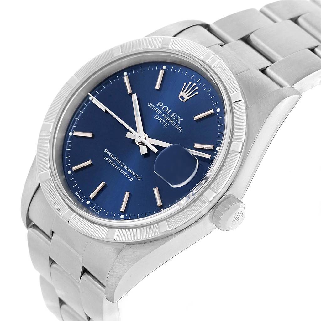 This image shows a Rolex Date 15210 Men's Stainless Steel Blue Dial 15210 Men's Stainless Steel Blue Dial model watch from an angled front view, highlighting its blue dial, crown, and bracelet.