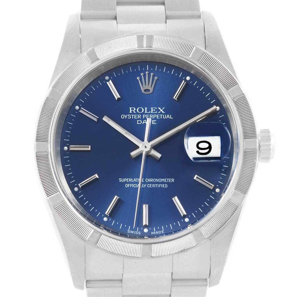 This image shows a front view of the Rolex Oyster Perpetual Date model, highlighting the dial, bezel, and part of the bracelet.