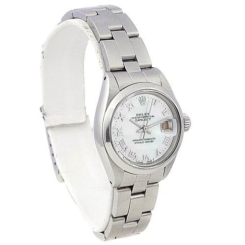 The image shows a Rolex Date 6917 Women's Stainless Steel Mother of Pearl Dial 6917 Women's Stainless Steel Mother of Pearl Dial model watch from a left-angle view, highlighting its face, bezel, crown, and bracelet.