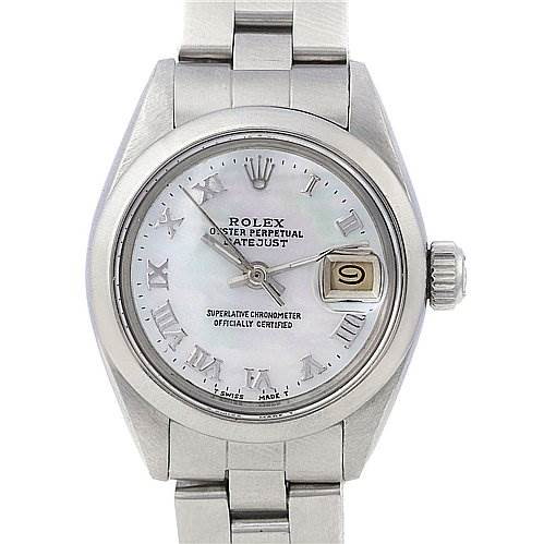 The image shows a front view of a Rolex Datejust watch, highlighting the dial, hands, date window, and part of the bracelet.