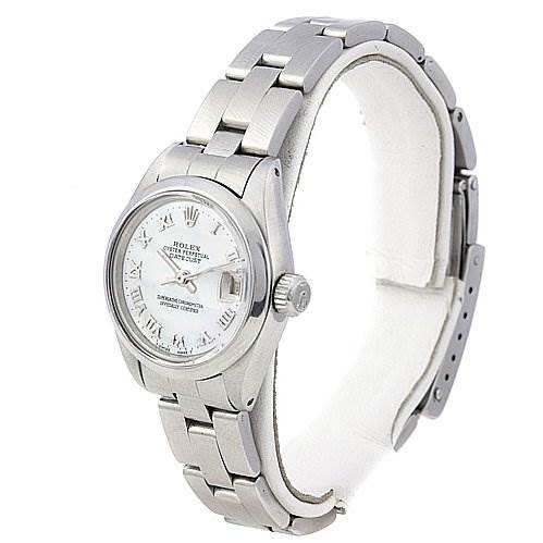 This image shows a front angle of the Rolex Date 6917 Women's Stainless Steel Mother of Pearl Dial 6917 Women's Stainless Steel Mother of Pearl Dial model watch, highlighting the face, bezel, crown, and bracelet.