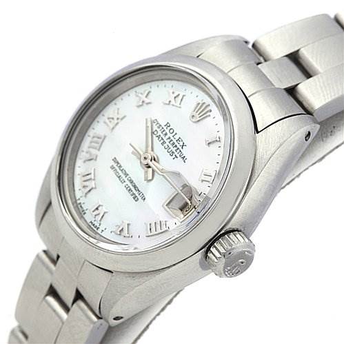 The image shows a close-up angle of the Rolex Date 6917 Women's Stainless Steel Mother of Pearl Dial 6917 Women's Stainless Steel Mother of Pearl Dialjust watch, highlighting the dial, crown, and part of the bracelet.