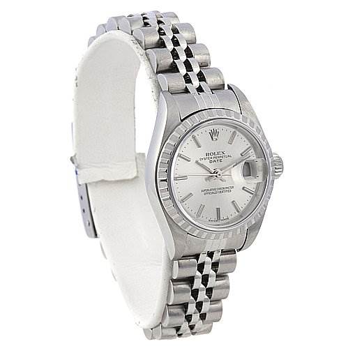 The image shows a Rolex Date 79240 Women
s Stainless Steel Silver Dial 79240 Women
s Stainless Steel Silver Dial model watch at an angled side view, highlighting its bracelet, bezel, and face.