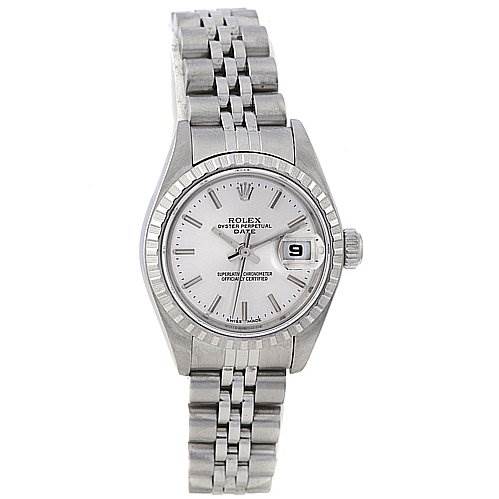 The image shows a frontal view of a Rolex Date 79240 Women
s Stainless Steel Silver Dial 79240 Women
s Stainless Steel Silver Dial model watch, highlighting its dial, bezel, bracelet, and date display.