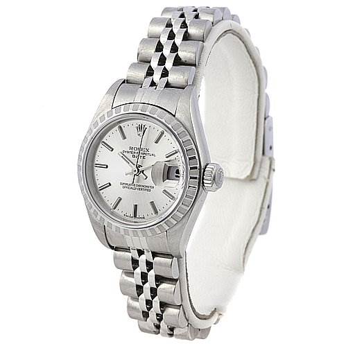 The Rolex Date 79240 Women
s Stainless Steel Silver Dial 79240 Women
s Stainless Steel Silver Dial model watch is shown at an angled side view, highlighting its dial, bezel, crown, and bracelet.