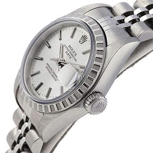 The image shows a side angle of a Rolex Date 79240 Women
s Stainless Steel Silver Dial 79240 Women
s Stainless Steel Silver Dial model watch, highlighting the dial, bezel, crown, and part of the bracelet.