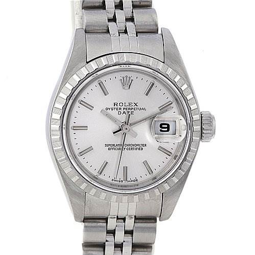 This image shows a front view of the Rolex Oyster Perpetual Date watch, highlighting the dial and part of the metal bracelet.