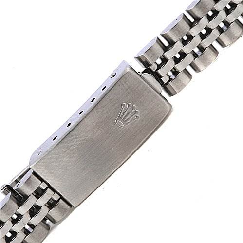 The image shows the clasp and part of the bracelet of a Rolex Date 79240 Women
s Stainless Steel Silver Dial 79240 Women
s Stainless Steel Silver Dial model watch from a close-up angle.