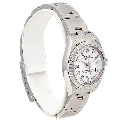 The image shows a Rolex Date 79240 Women's Stainless Steel White Dial 79240 Women's Stainless Steel White Dial model watch from a left-side angle, showcasing the watch face, bezel, and stainless steel bracelet.